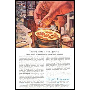1953 Union Carbide Steel Foundry Vintage Print Ad Just a Pinch Vanadium Wall Art